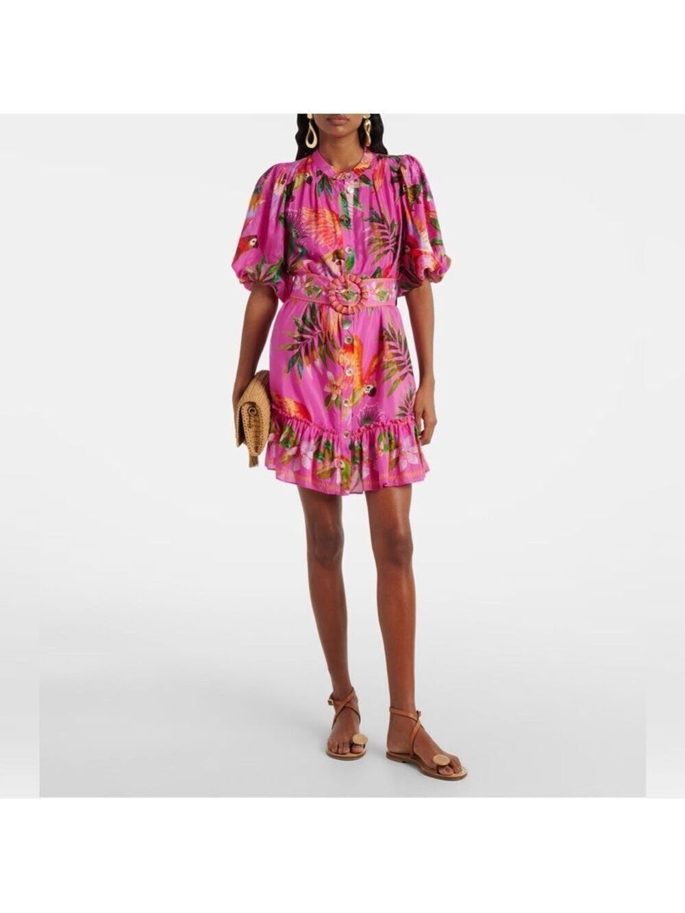 Farm Rio Printed belted cotton-blend midi dress